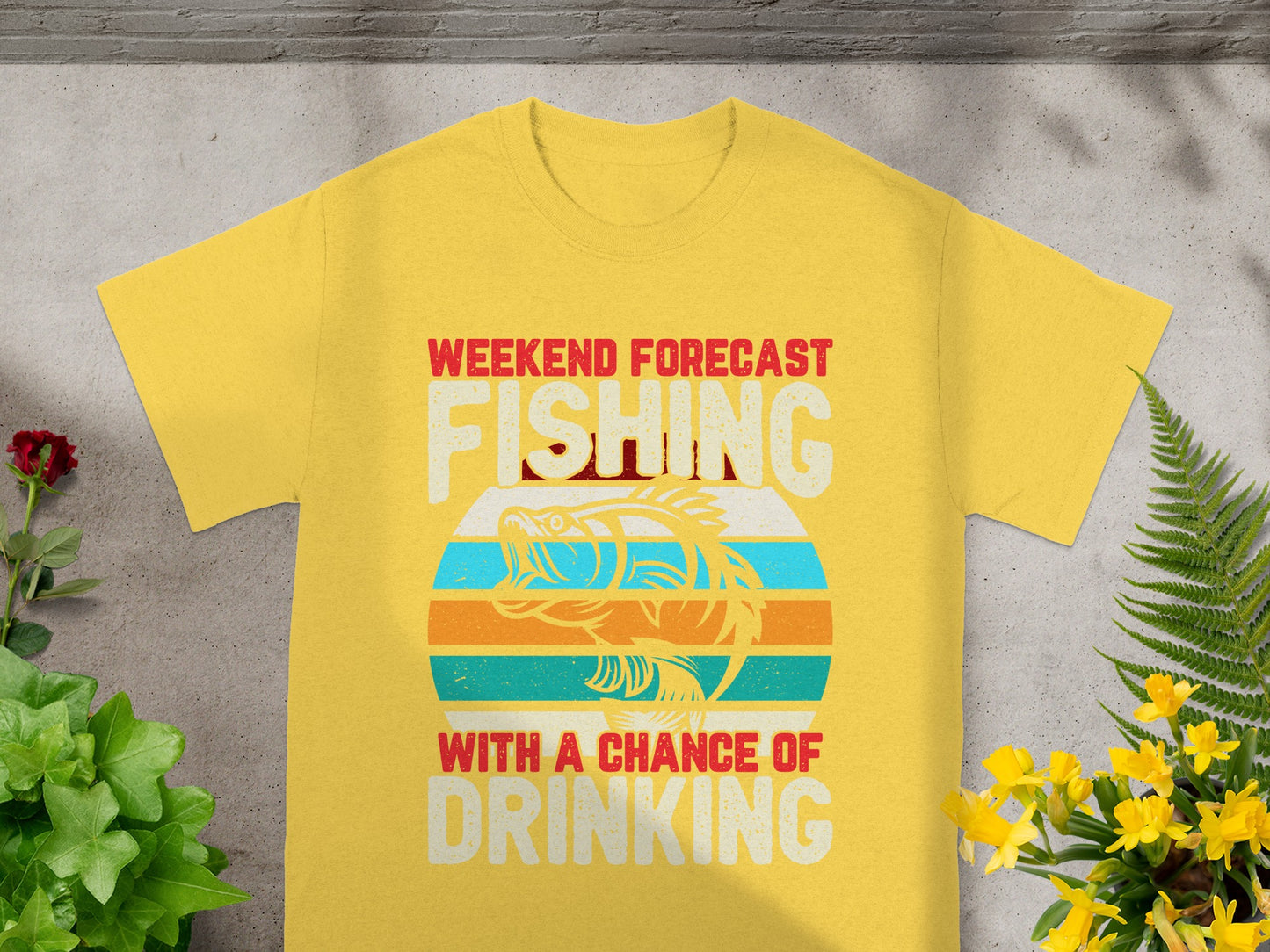 Yellow t-shirt with text "Weekend Forecast Fishing with a Chance of Drinking" and fish graphic.