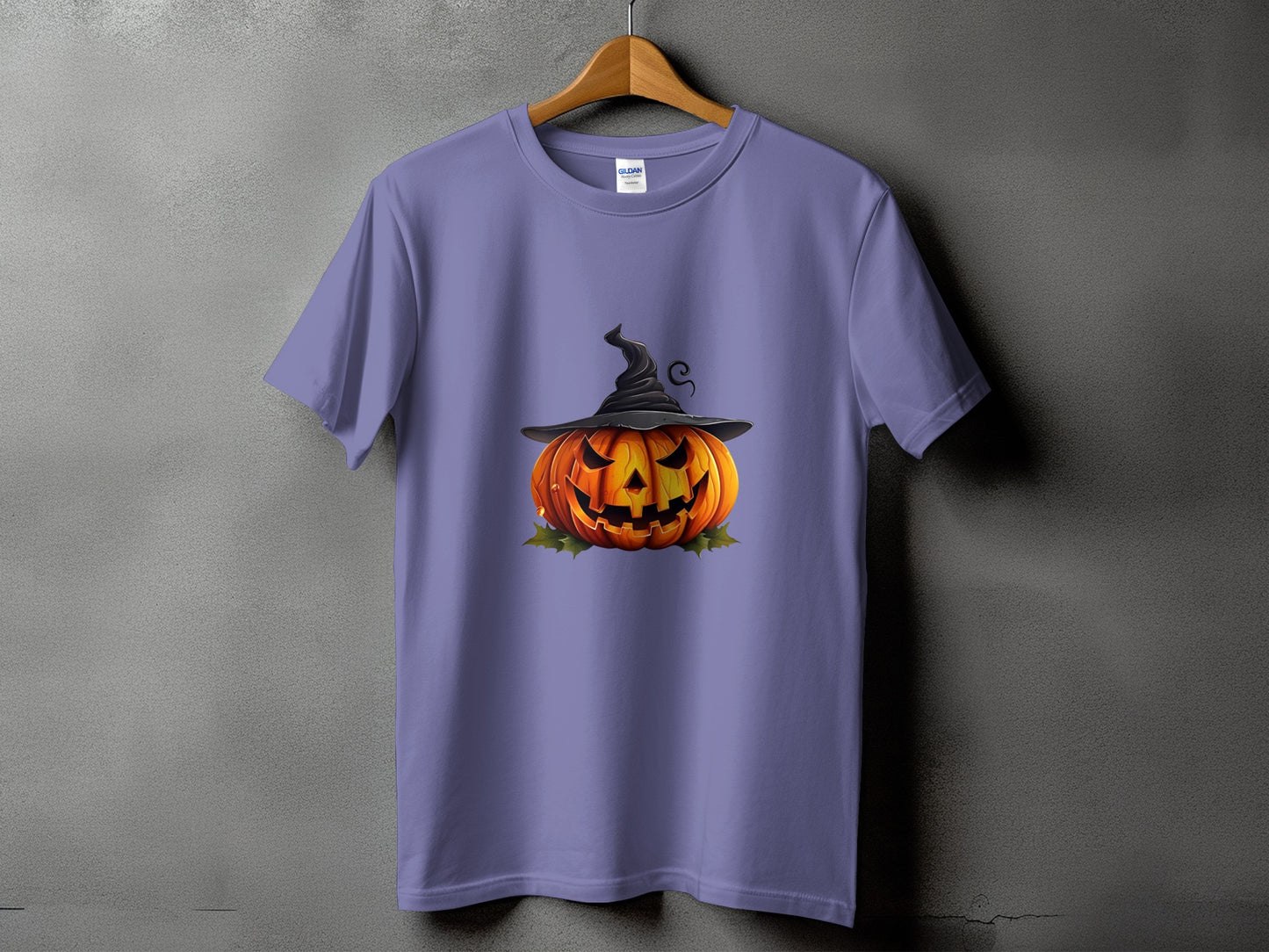 Purple t-shirt with a jack-o'-lantern wearing a witch hat graphic.