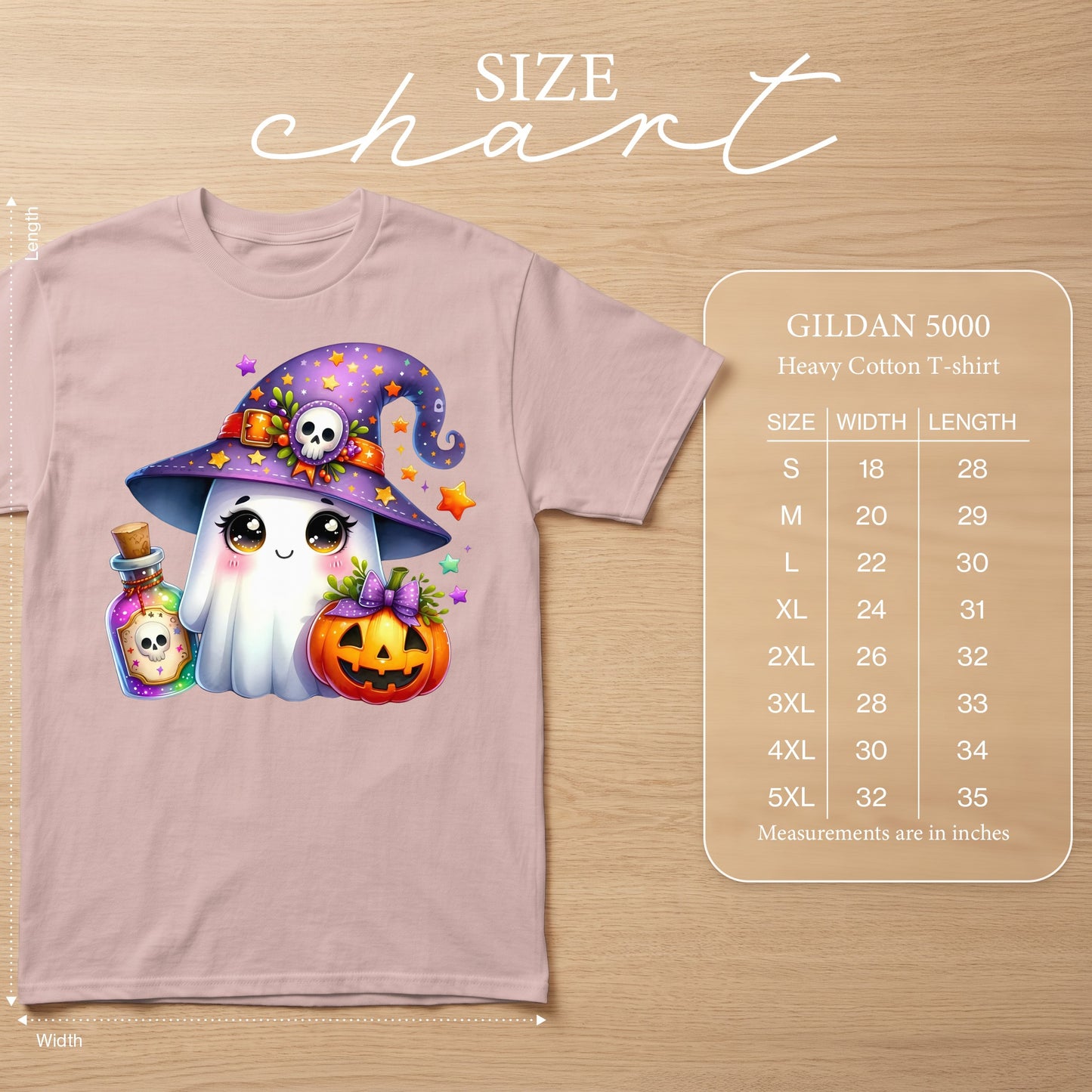 GILDAN 5000 size chart with measurements for Heavy Cotton T-shirt.