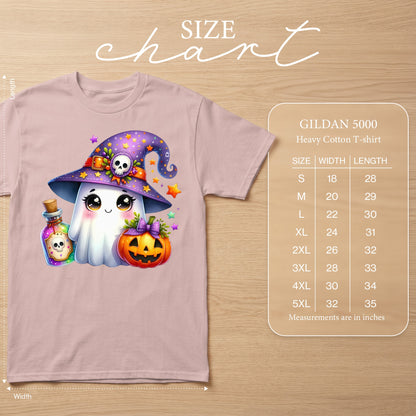 GILDAN 5000 size chart with measurements for Heavy Cotton T-shirt.