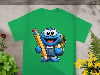 Furry blue monster in overalls holding a giant pencil with a backpack.