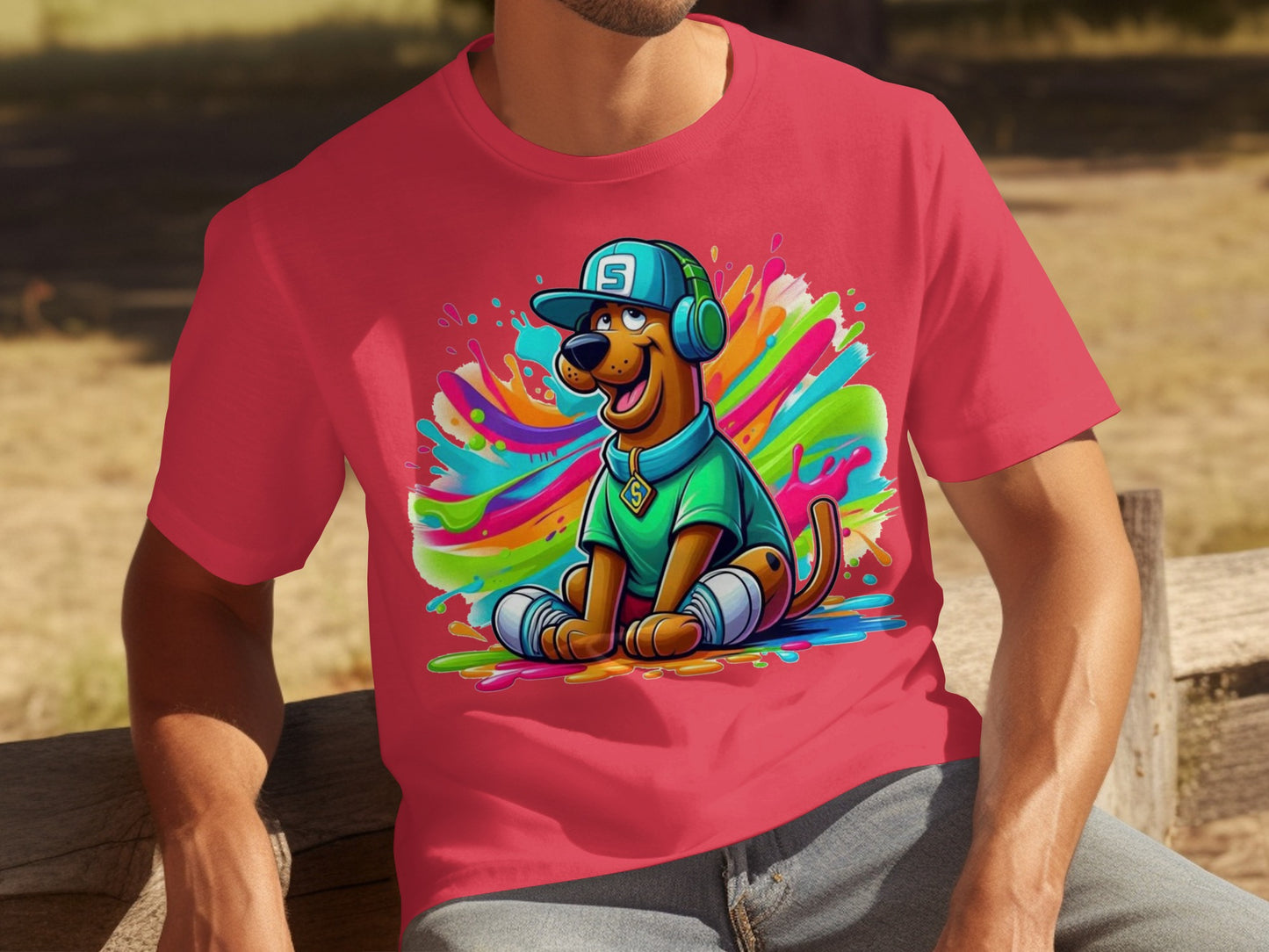 Vibrant Cartoon Dog with Headphones Design T-Shirt