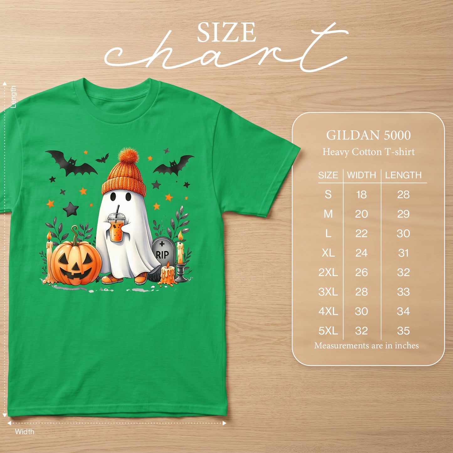 Green Gildan 5000 t-shirt with ghost, pumpkin, bats, and size chart.