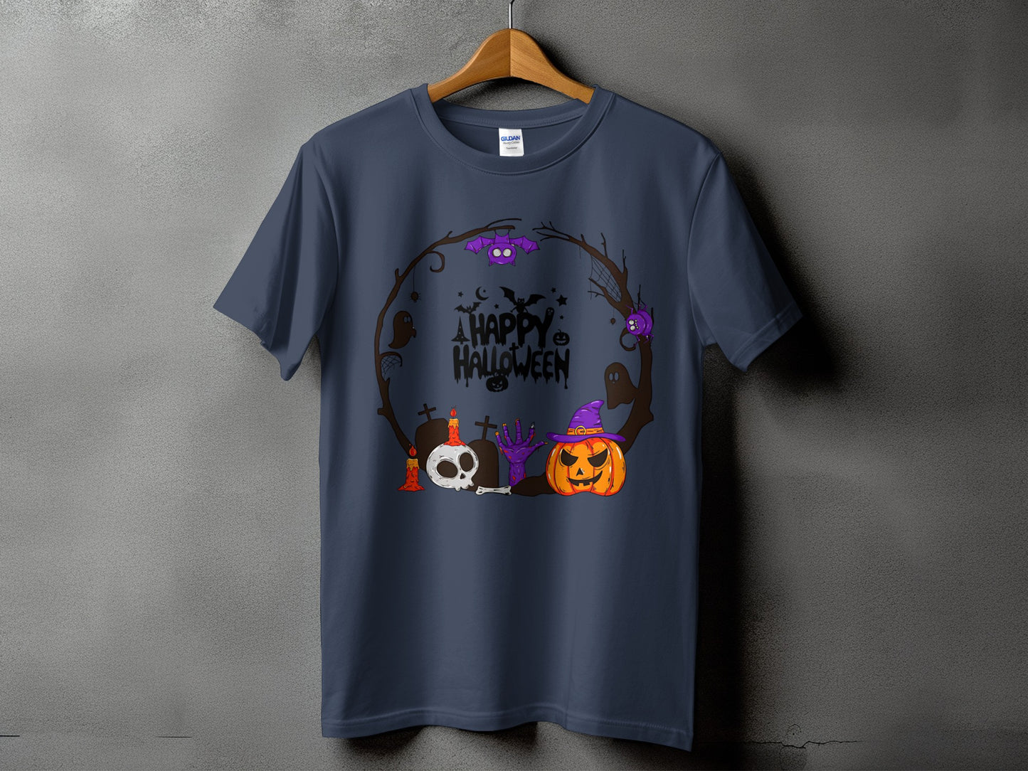 Dark blue t-shirt with a Halloween wreath graphic featuring a pumpkin, skull, and text.