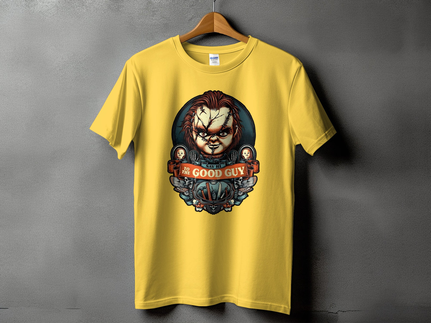 Yellow t-shirt with Chucky's face and "Say Hi To The Good Guy" text.