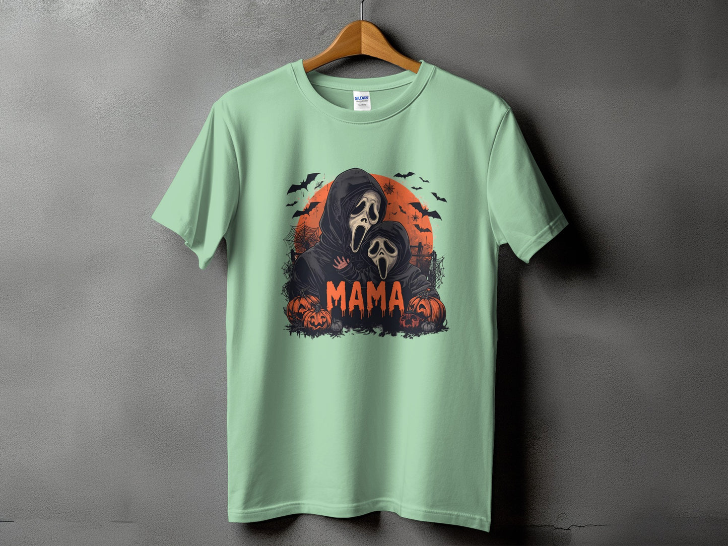 Ghostface mama and child with pumpkins and bats, Halloween graphic.