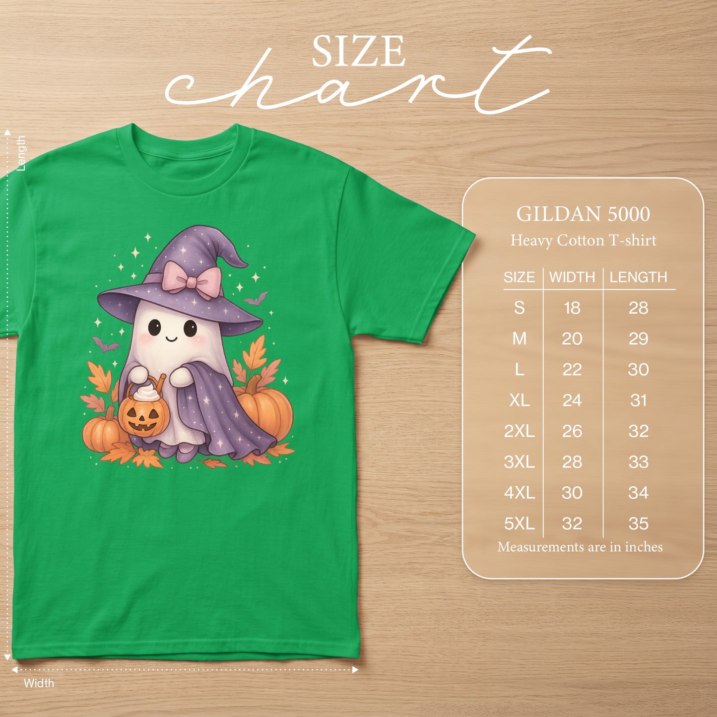 Green t-shirt with a cute ghost wearing a witch hat holding a pumpkin. Size chart included.