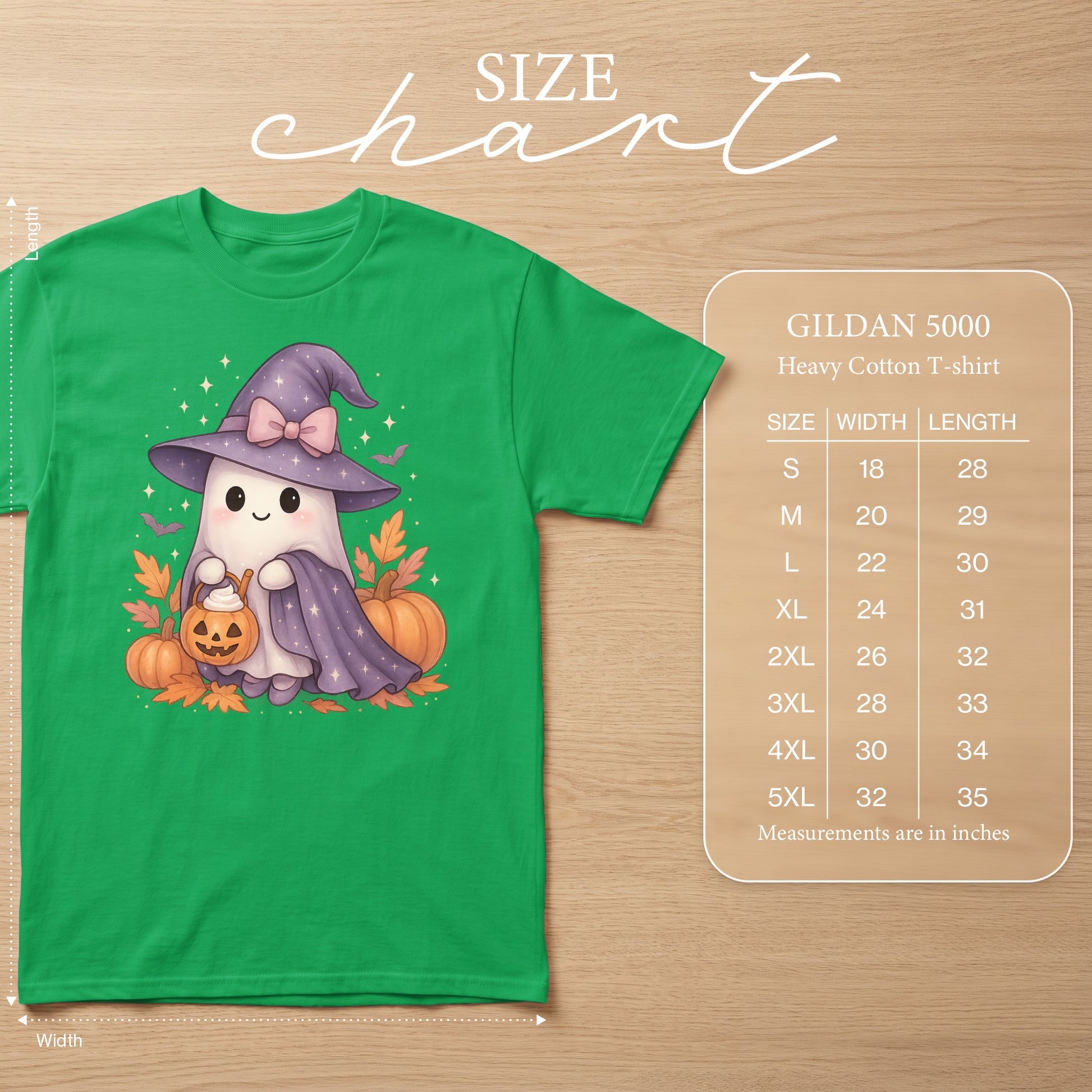 Green t-shirt with a cute ghost wearing a witch hat holding a pumpkin. Size chart included.