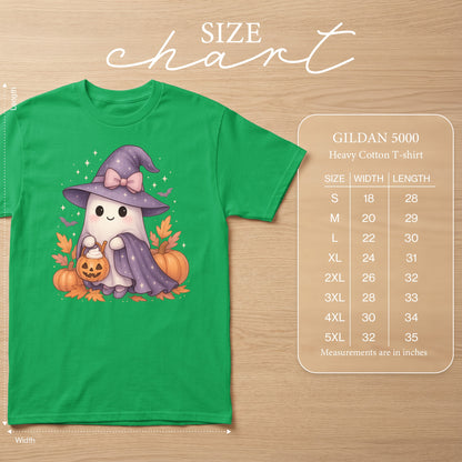 Green t-shirt with a cute ghost wearing a witch hat holding a pumpkin. Size chart included.