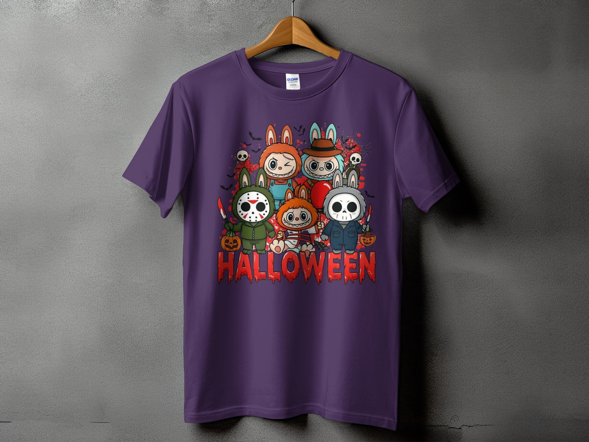 Halloween graphic with spooky characters and the text "HALLOWEEN" on a purple t-shirt.