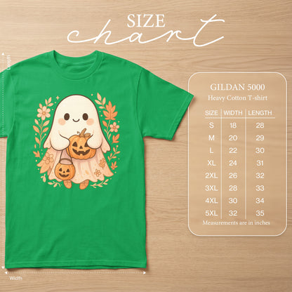 Green t-shirt with a cute ghost holding pumpkins and a size chart.