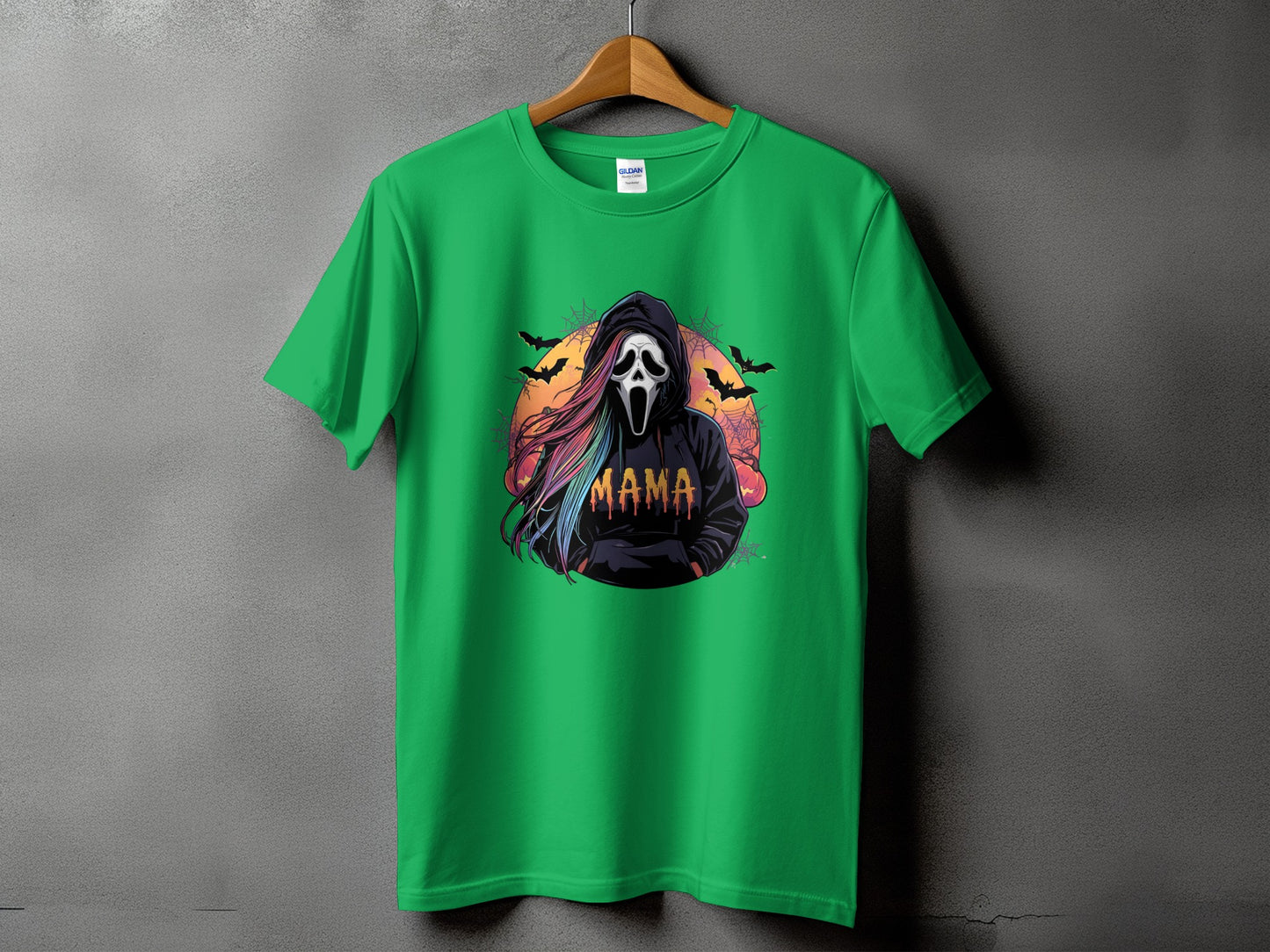 Green t-shirt with ghost mask, rainbow hair, and "Mama" text.