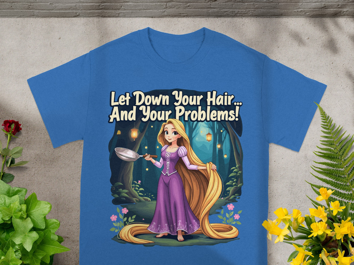 Rapunzel in purple dress with long blonde hair, holding a frying pan, in a forest.