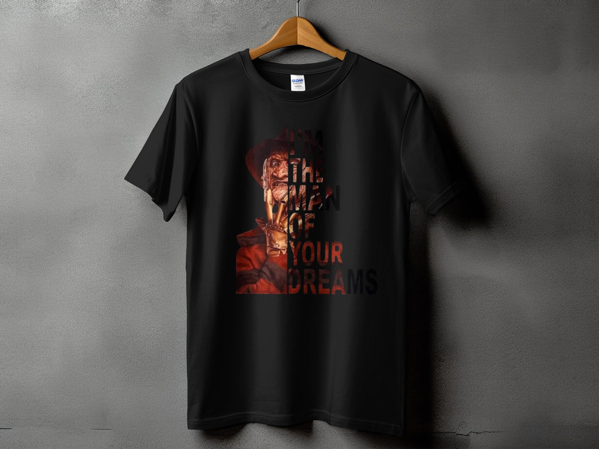 Black t-shirt with Freddy Krueger graphic and text "I'm the man of your dreams."