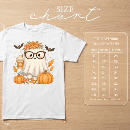 White t-shirt with a cute ghost graphic, pumpkins, and size chart.