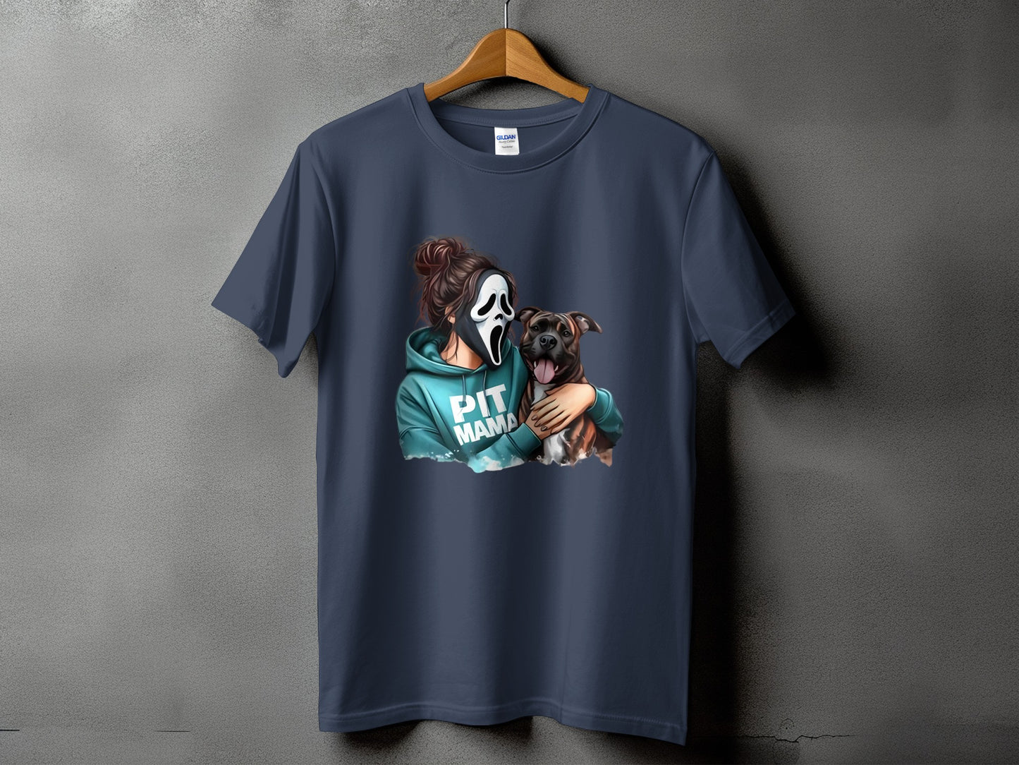 Woman in Ghostface mask hugging a pit bull with "Pit Mama" text.