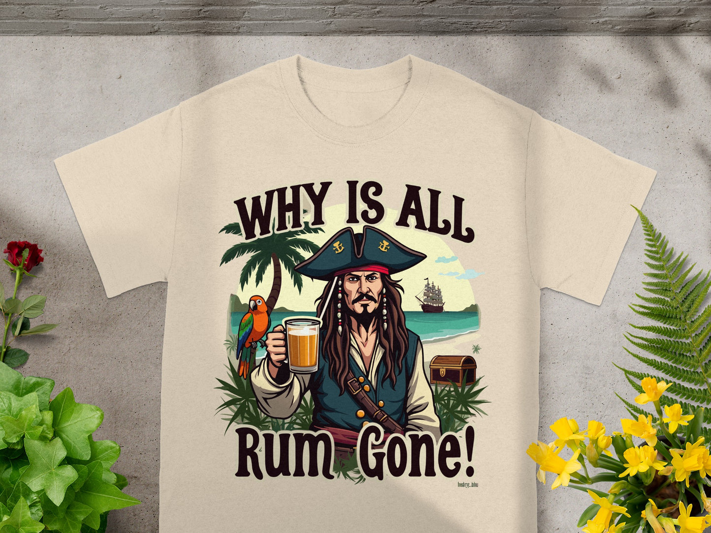 Pirate with rum and parrot on beach, text: "Why Is All Rum Gone!"