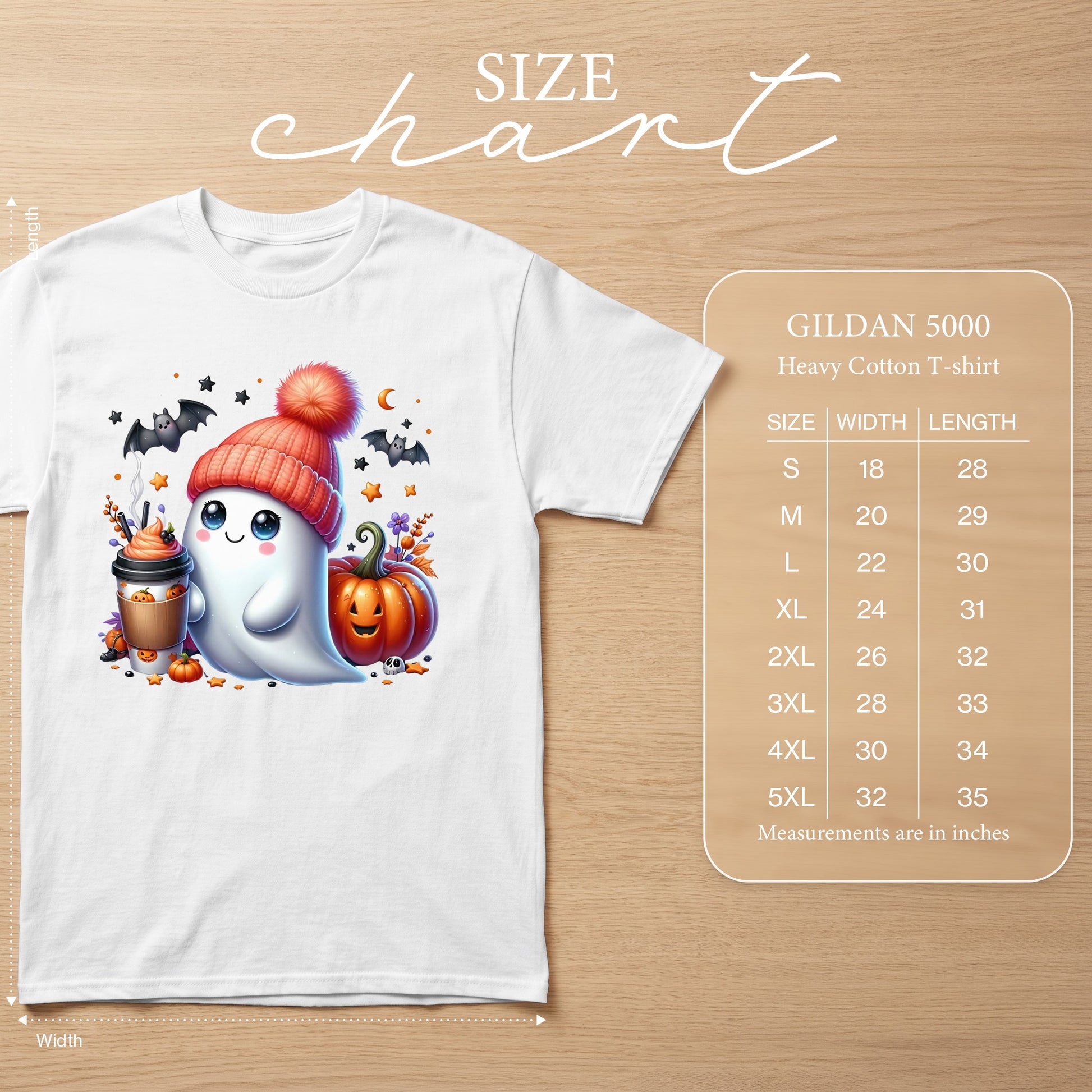 Gildan 5000 Heavy Cotton T-shirt with cute ghost, pumpkin, and bats graphic. Size chart included.