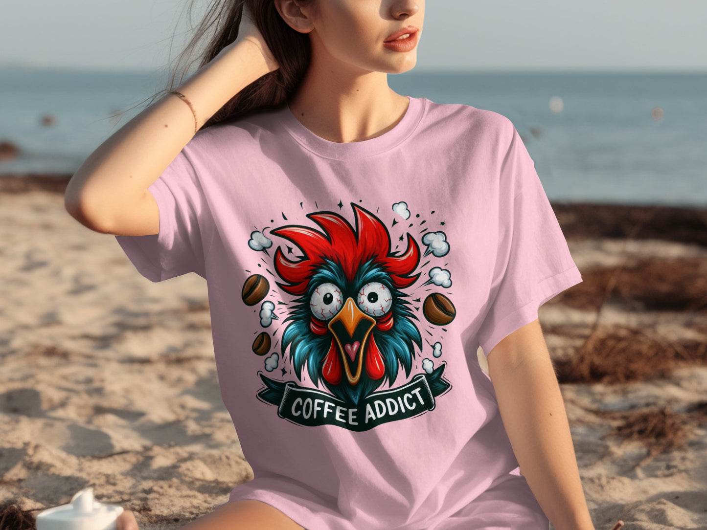 Coffee Addict Funny Rooster Beach Casual T-Shirt