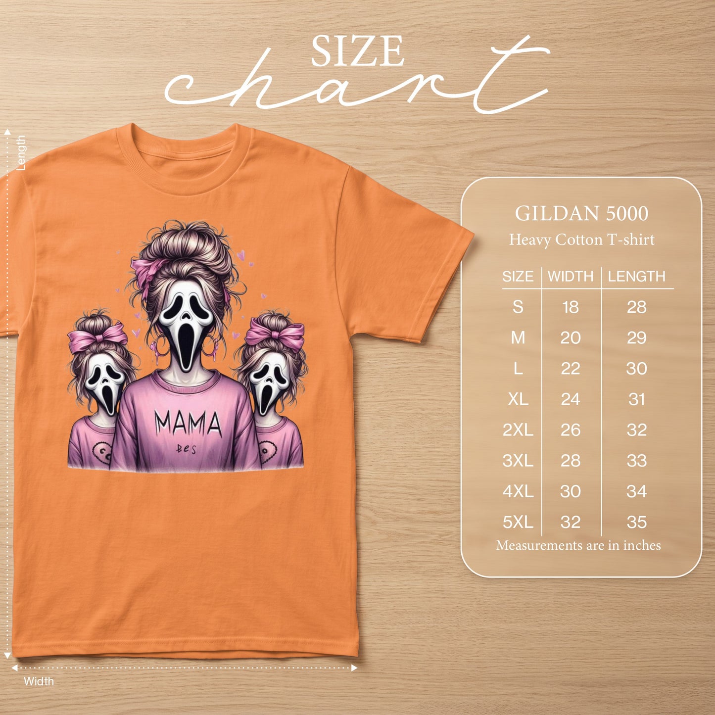 Orange Gildan 5000 t-shirt with "MAMA" graphic and size chart.