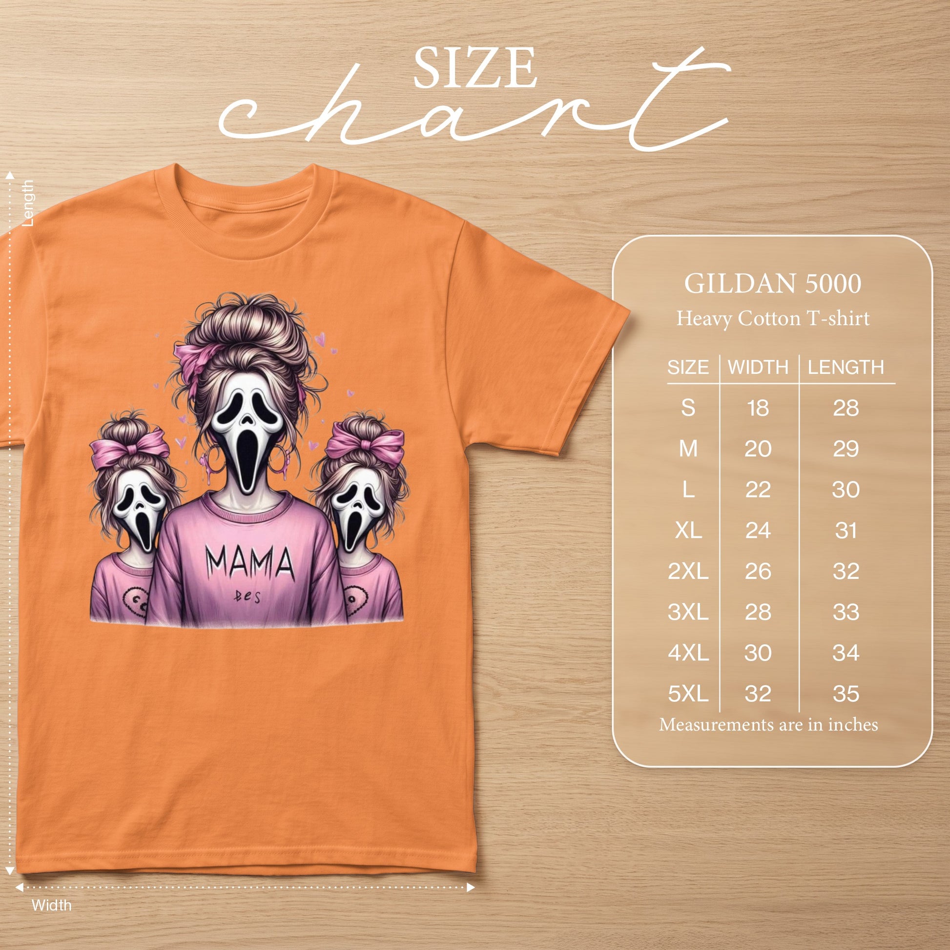 Orange Gildan 5000 t-shirt with "MAMA" graphic and size chart.