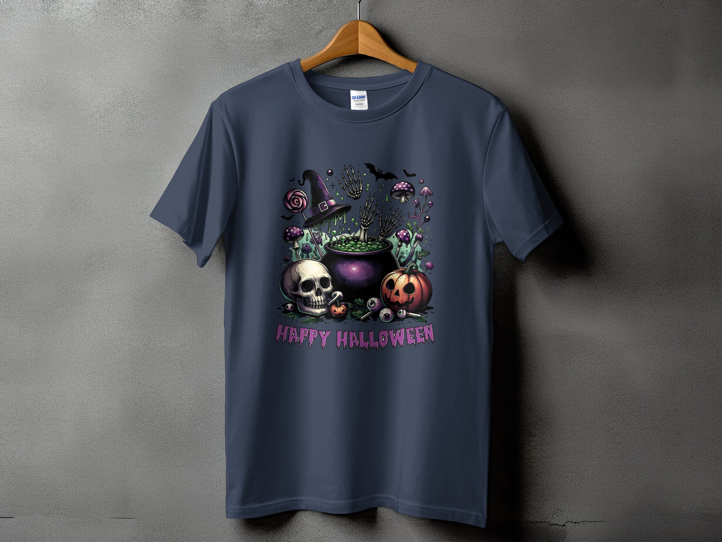 Dark blue t-shirt with a "Happy Halloween" graphic featuring a cauldron, skull, and pumpkin.