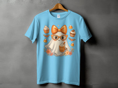 Light blue t-shirt with a kawaii ghost graphic and Halloween treats.