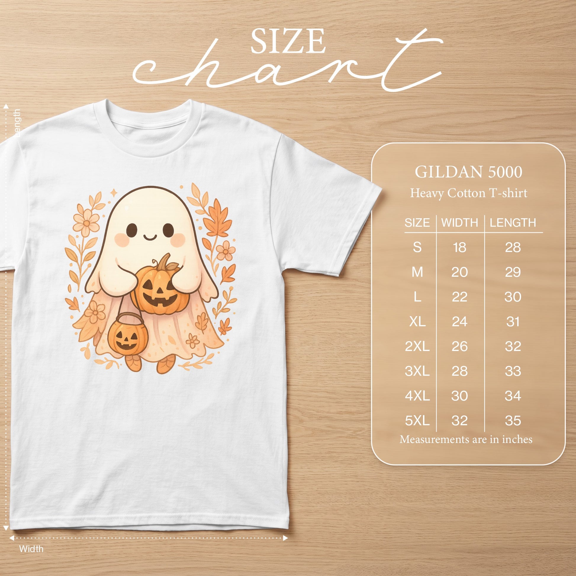 Gildan 5000 Heavy Cotton T-shirt size chart with ghost graphic.