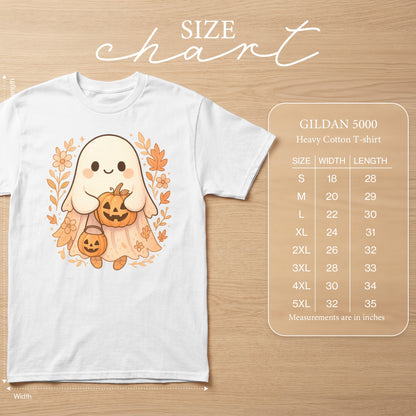 Gildan 5000 Heavy Cotton T-shirt size chart with ghost graphic.