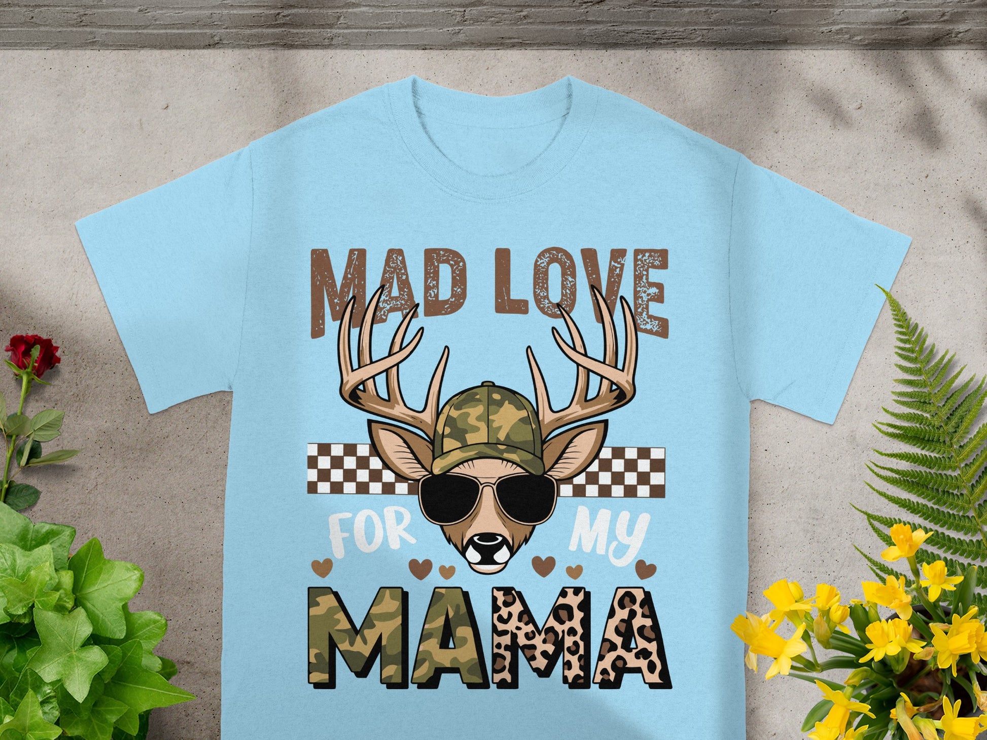 Light blue t-shirt with deer graphic and text "MAD LOVE FOR MY MAMA".