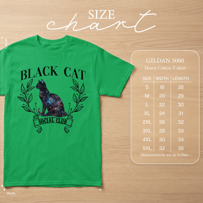 Green t-shirt with black cat graphic and "Black Cat Social Club" text. Size chart included.