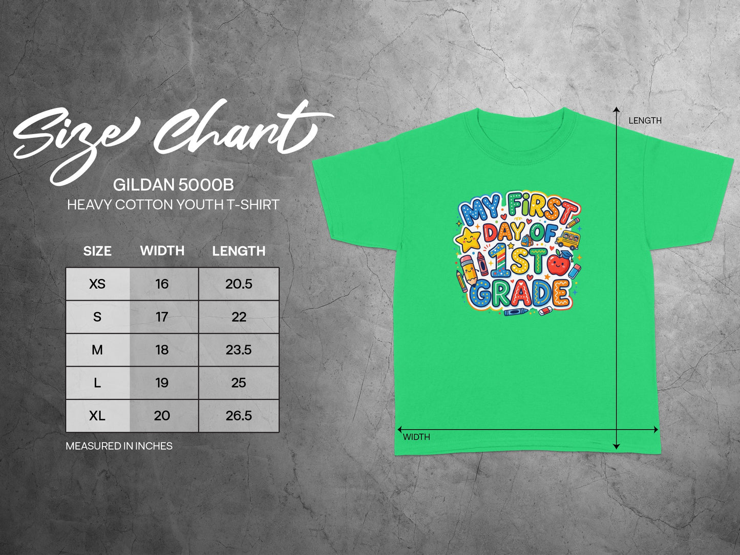 Mismatched in child's sizes, green t-shirt with "My First Day of 1st Grade" graphic.