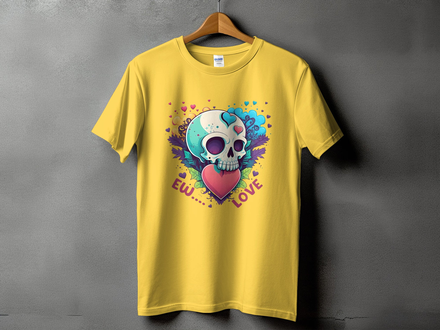 Yellow t-shirt with skull, hearts, and text "Ew.... Love".