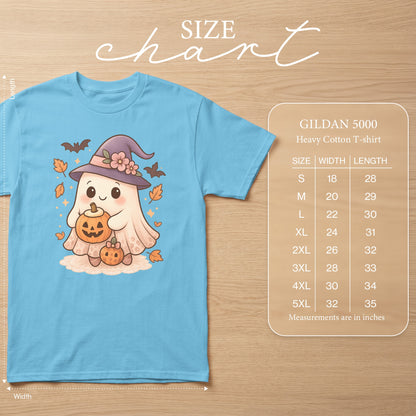 Light blue t-shirt with a cute ghost and pumpkins graphic, size chart included.