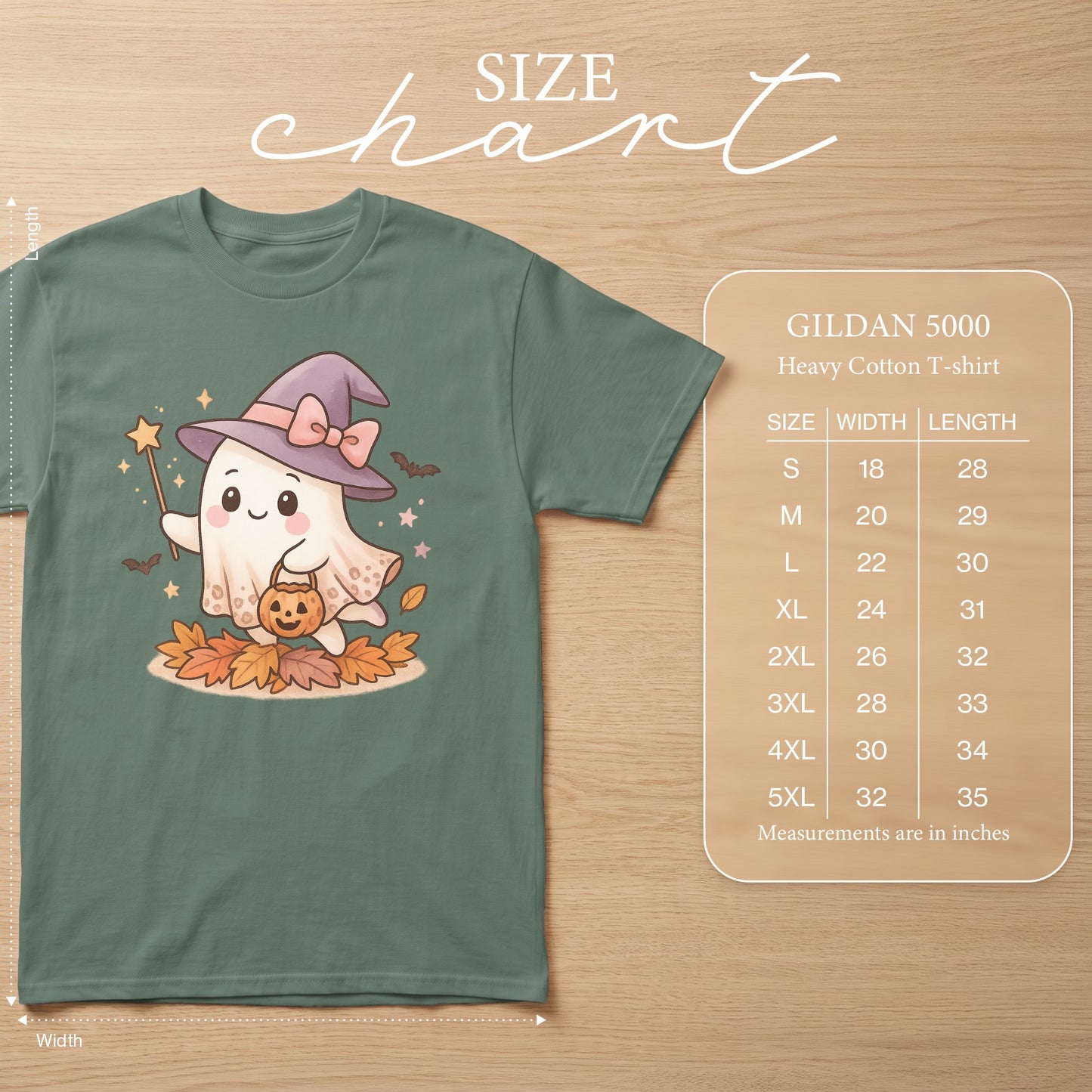 Size chart for Gildan 5000 Heavy Cotton T-shirt with ghost graphic.