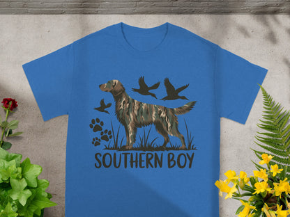 Dog with camouflage pattern and flying ducks with text "SOUTHERN BOY".