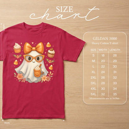 Crimson t-shirt with a cute ghost graphic and a Gildan 5000 Heavy Cotton T-shirt size chart.