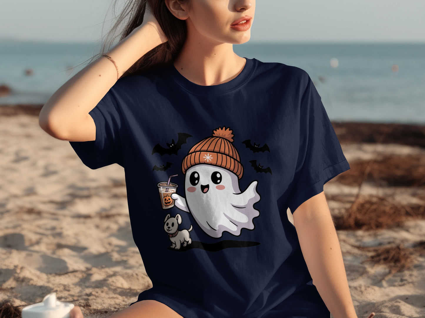 Cute Ghost and Bats Halloween T-Shirt with Dog Illustration