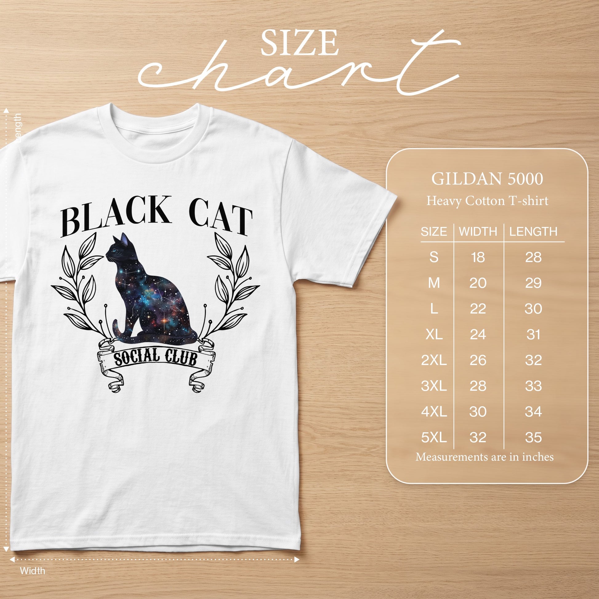 GILDAN 5000 Heavy Cotton T-shirt size chart with "Black Cat Social Club" graphic.