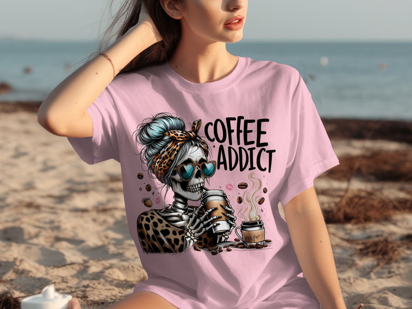 Coffee Addict Skeleton Drinking Coffee Graphic Shirt
