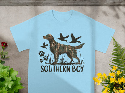 Light blue t-shirt with illustration of dog, ducks, and text "SOUTHERN BOY."