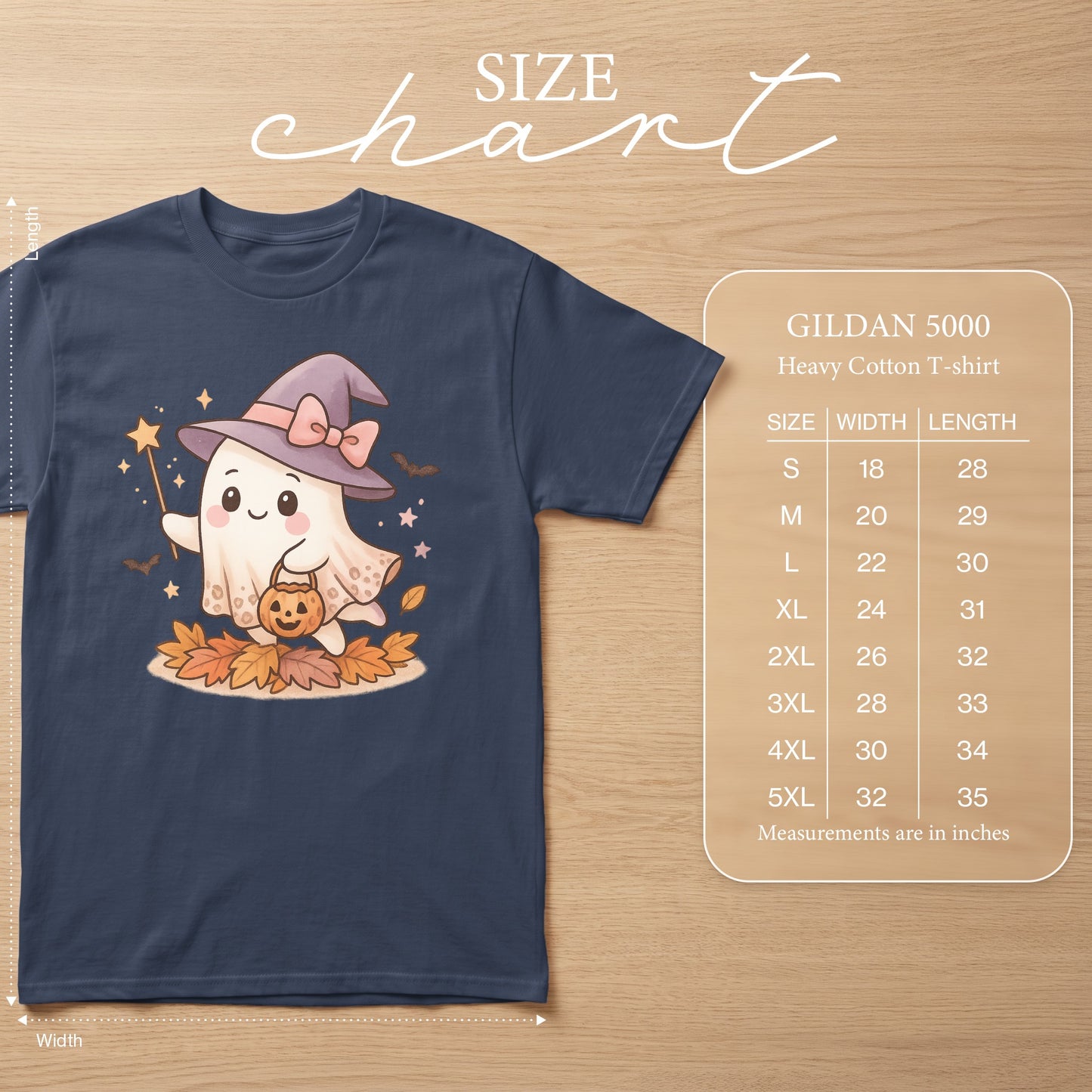 Gildan 5000 Heavy Cotton T-shirt size chart with ghost graphic.