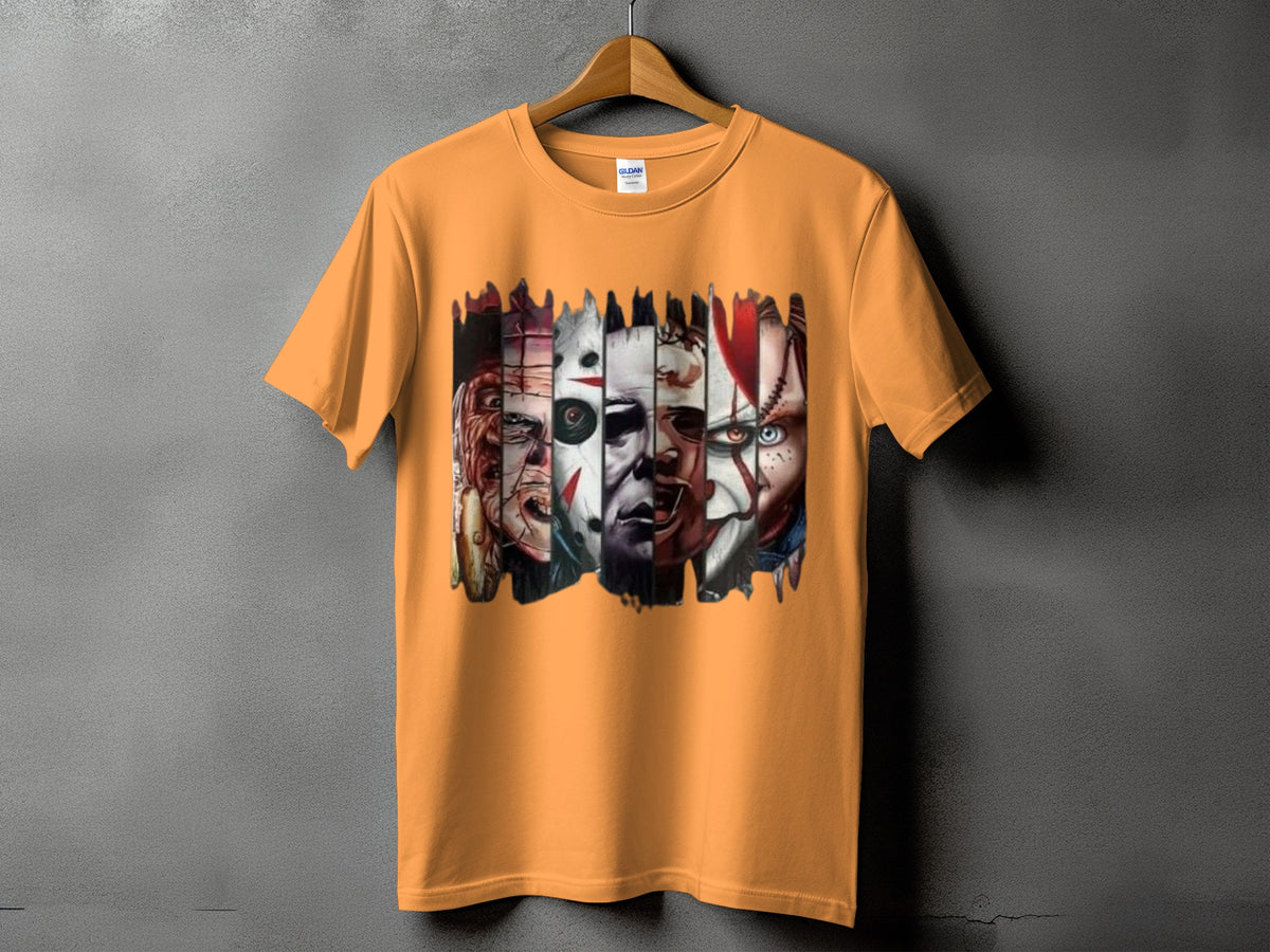 Orange t-shirt featuring a collage of horror movie character faces.