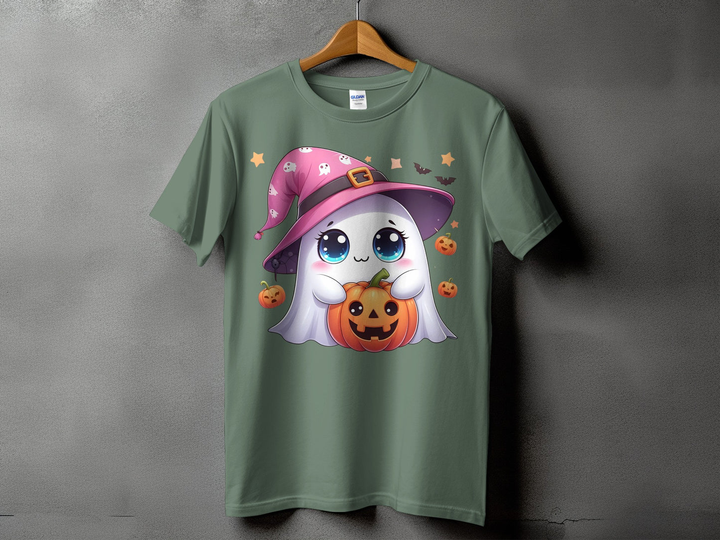 Ghost wearing pink witch hat holds a pumpkin with bats and stars.