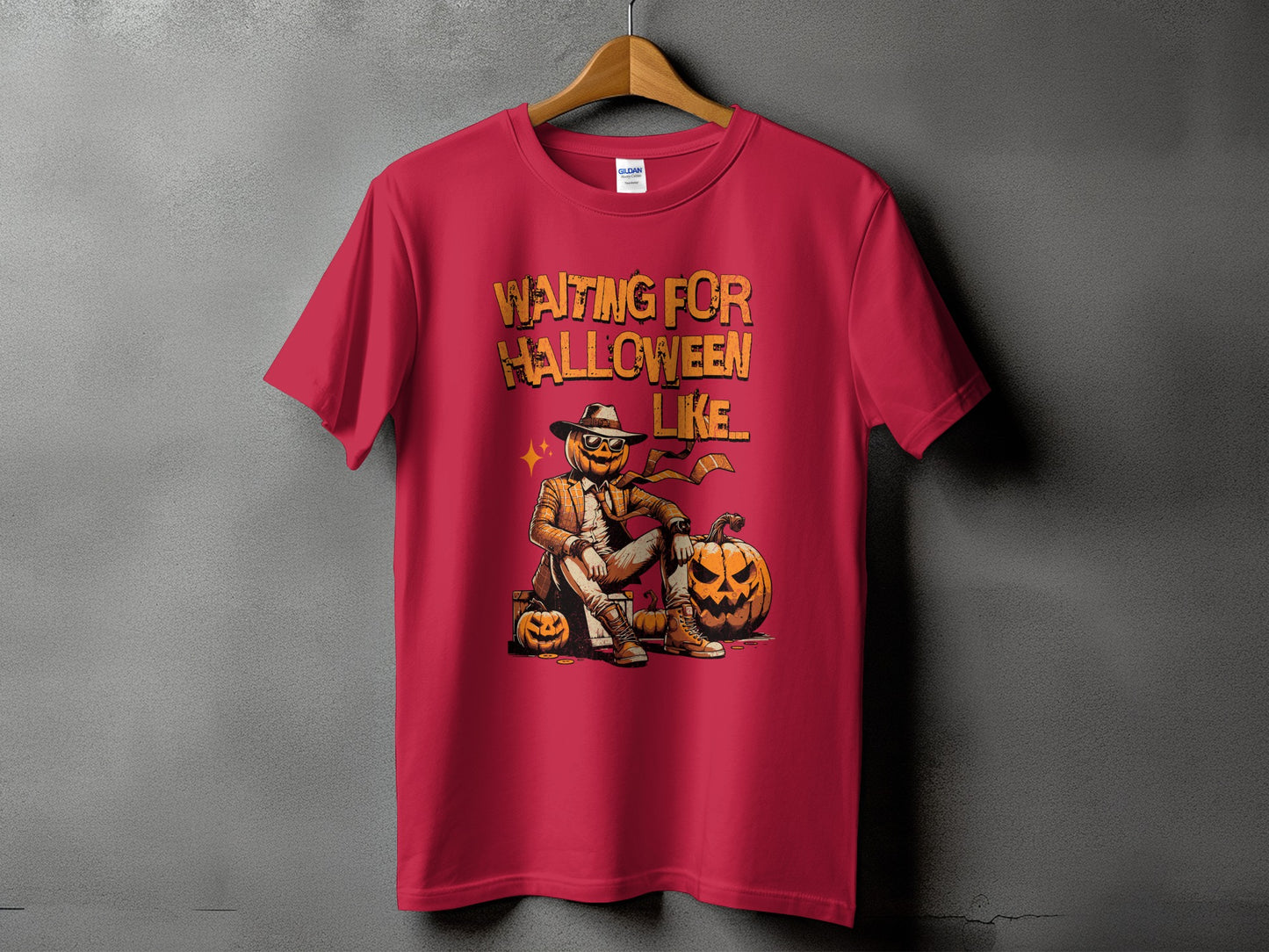 Red t-shirt with "Waiting For Halloween Like" text and pumpkin character.