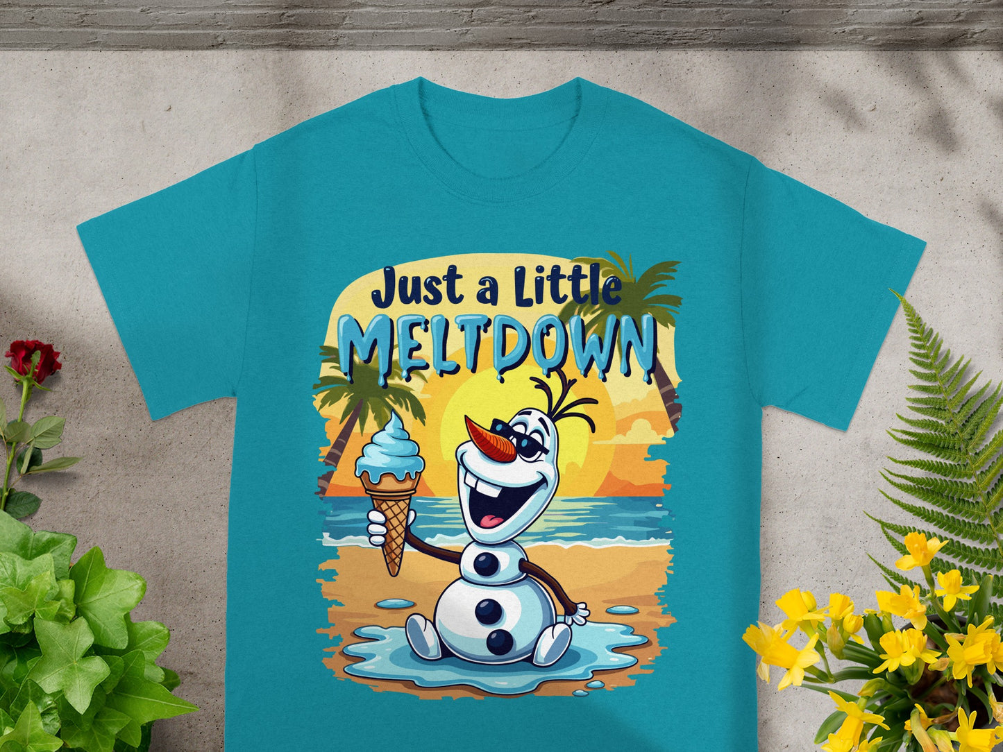 Olaf character on a beach holding an ice cream cone, text "Just a Little MELTDOWN".