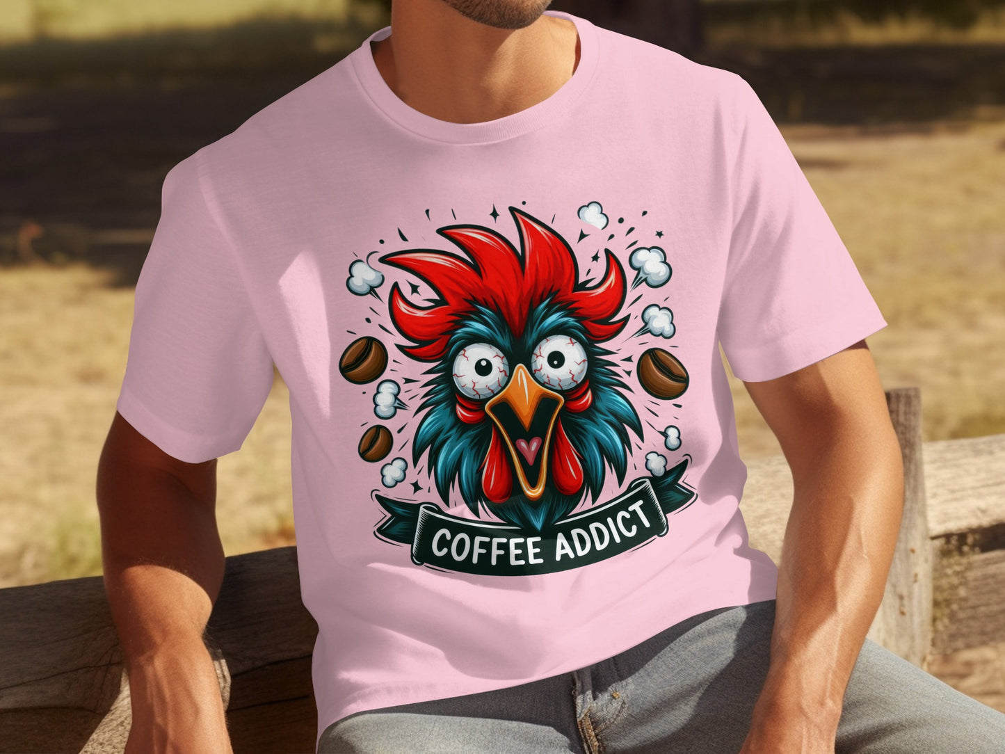 Coffee Addict Rooster Graphic Pink T-shirt Product