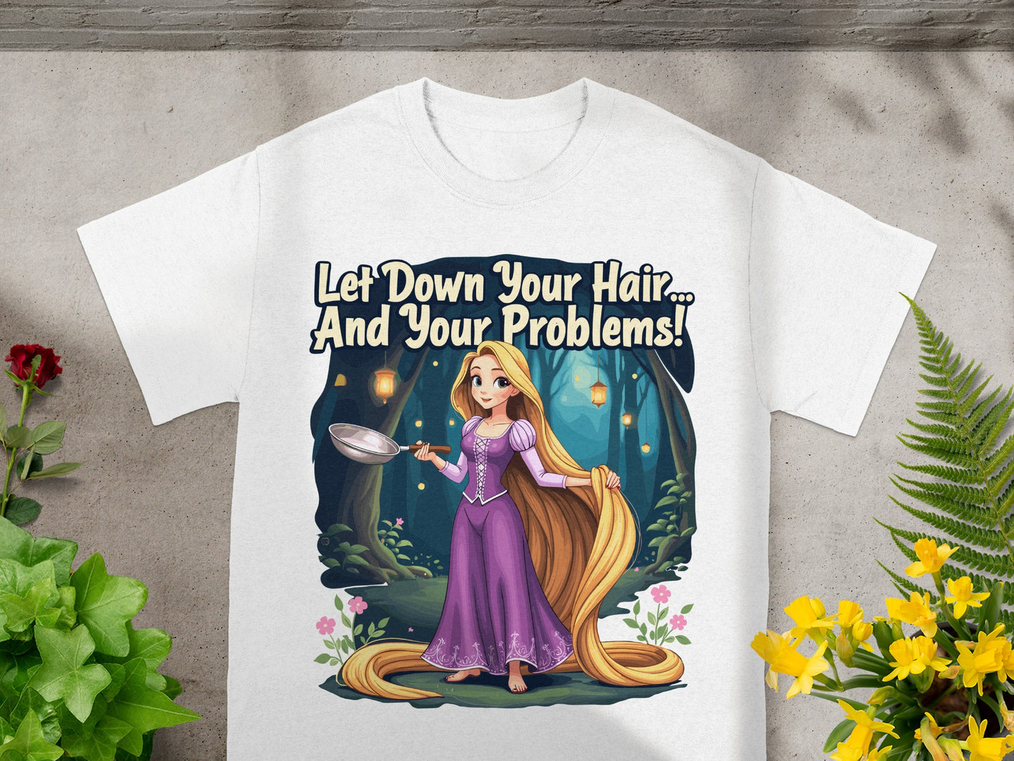 Rapunzel with long blonde hair holds a frying pan in a forest.
