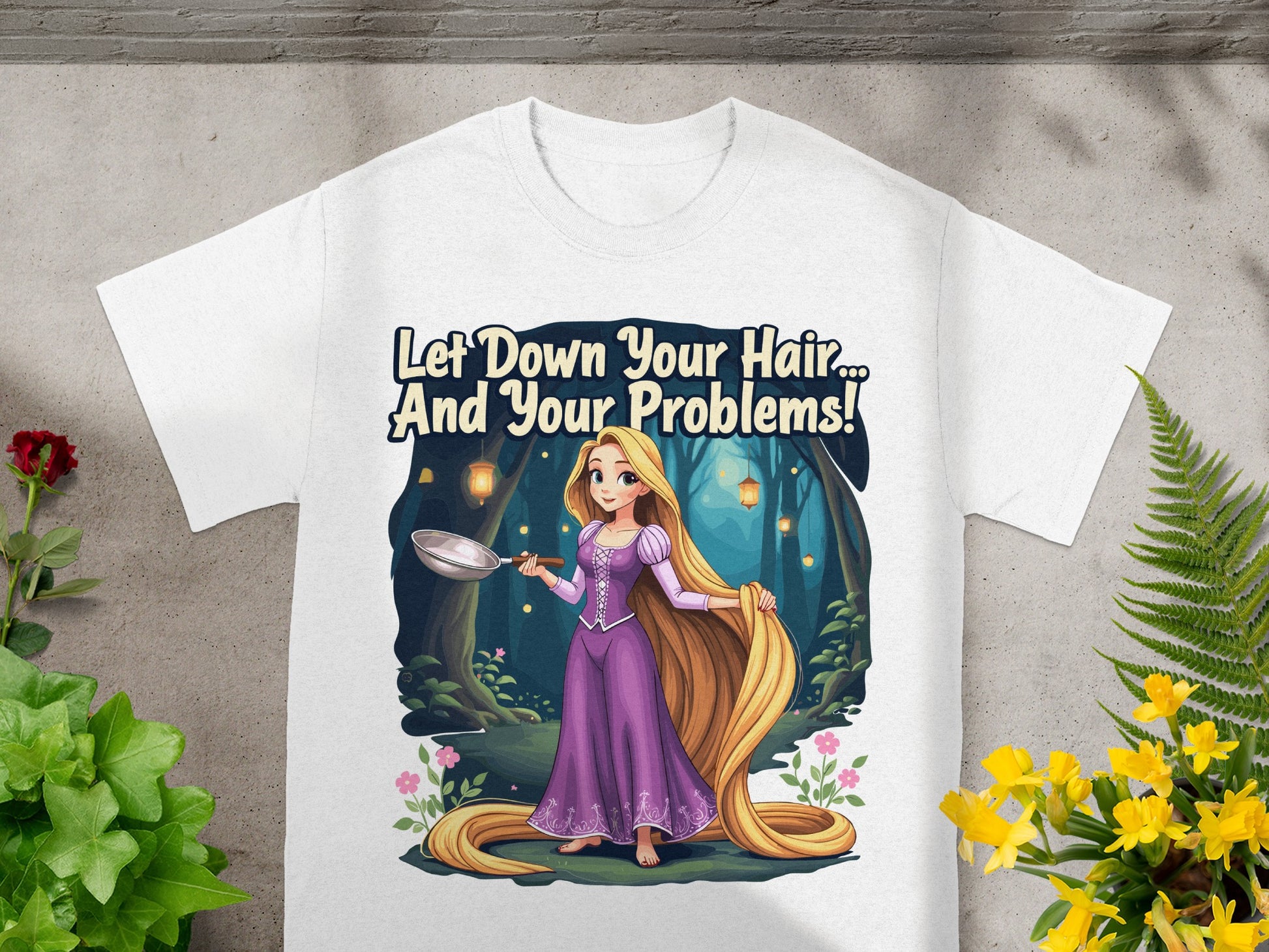 Rapunzel with long blonde hair holds a frying pan in a forest.