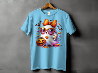 Light blue t-shirt with a cartoon ghost wearing glasses and an orange bow.